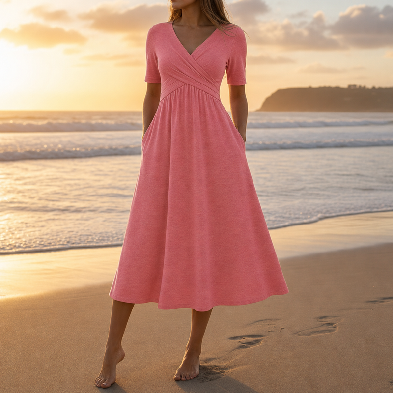 Cefalu Wrap V-Neck Midi Dress in Pink