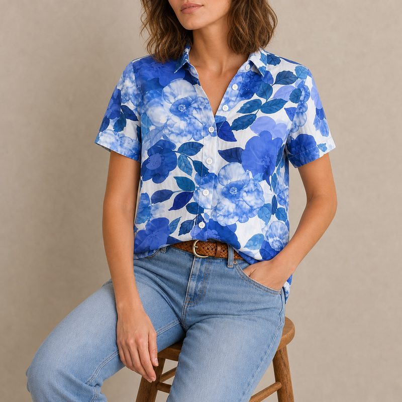 Chianti Floral Button-Up Blouse in Blue