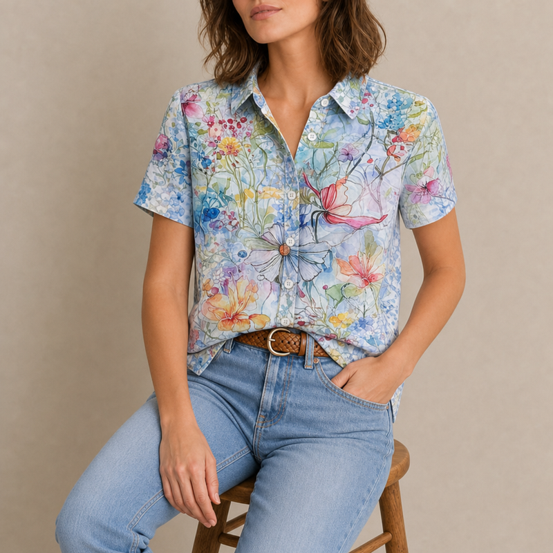 Chianti Floral Button-Up Blouse in Light Blue