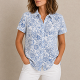 Chianti Floral Button-Up Blouse in Sea Blue