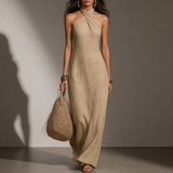 Como Linen Halter Maxi Dress in Khaki