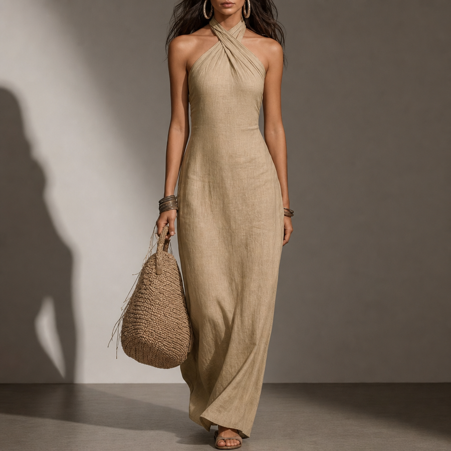 Como Linen Halter Maxi Dress in Khaki