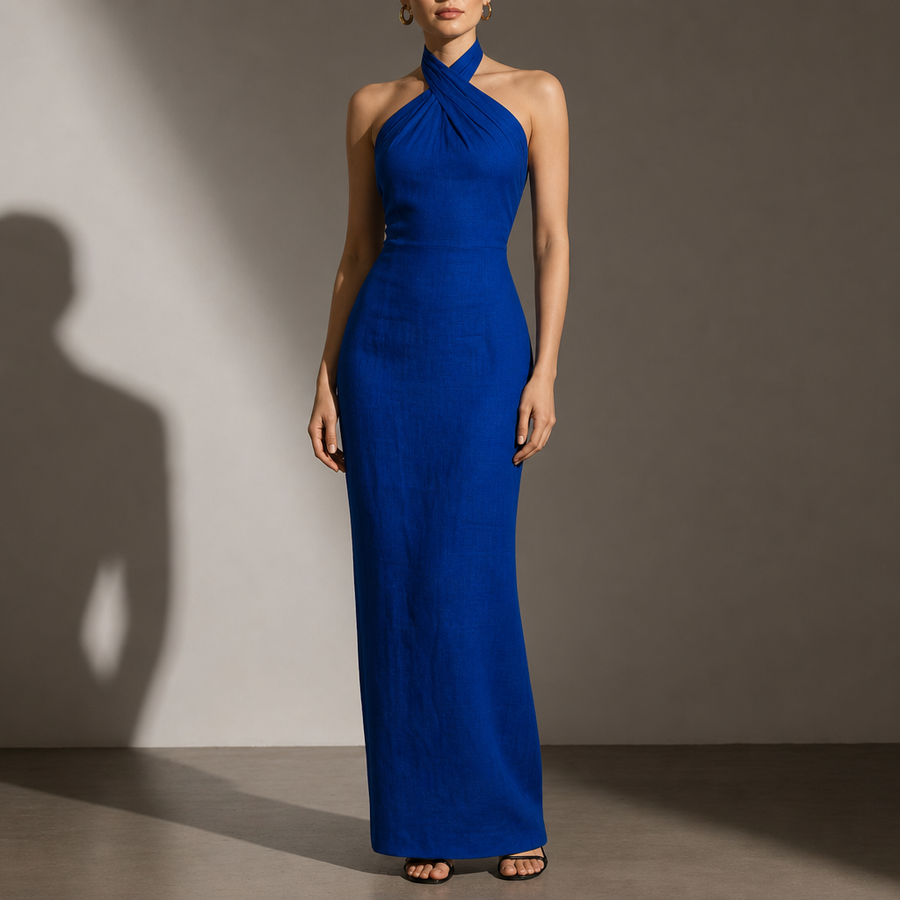 Como Linen Halter Maxi Dress in Navy