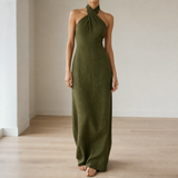 Como Linen Halter Maxi Dress in Olive