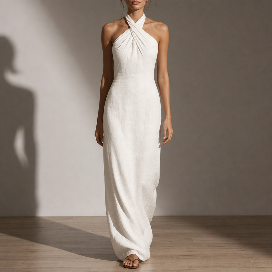 Como Linen Halter Maxi Dress in White