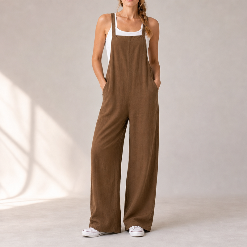Deia Wide-Leg Bib Jumpsuit in Brown