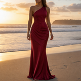 Delphi One Shoulder Satin Gown in Red