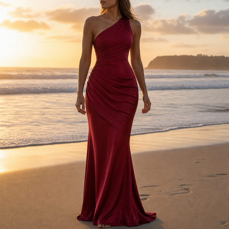 Delphi One Shoulder Satin Gown in Red