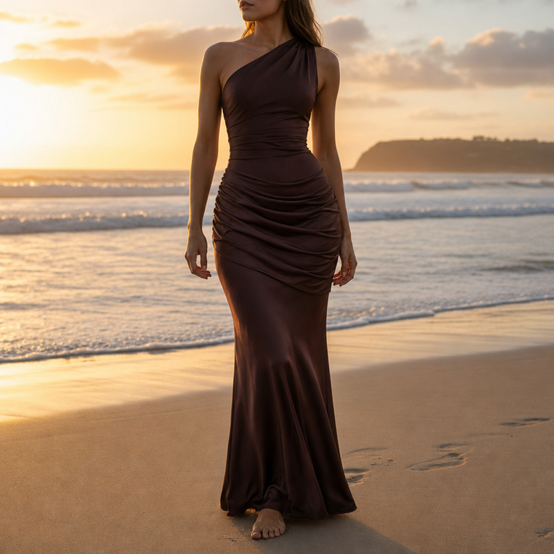 Delphi One Shoulder Satin Gown in Brown