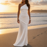 Delphi One Shoulder Satin Gown in White