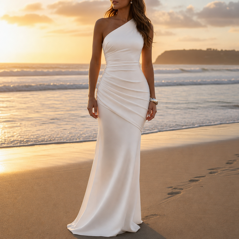 Delphi One Shoulder Satin Gown in White