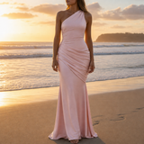 Delphi One Shoulder Satin Gown in Pink