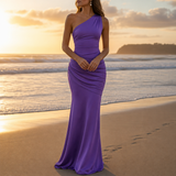 Delphi One Shoulder Satin Gown in Purple