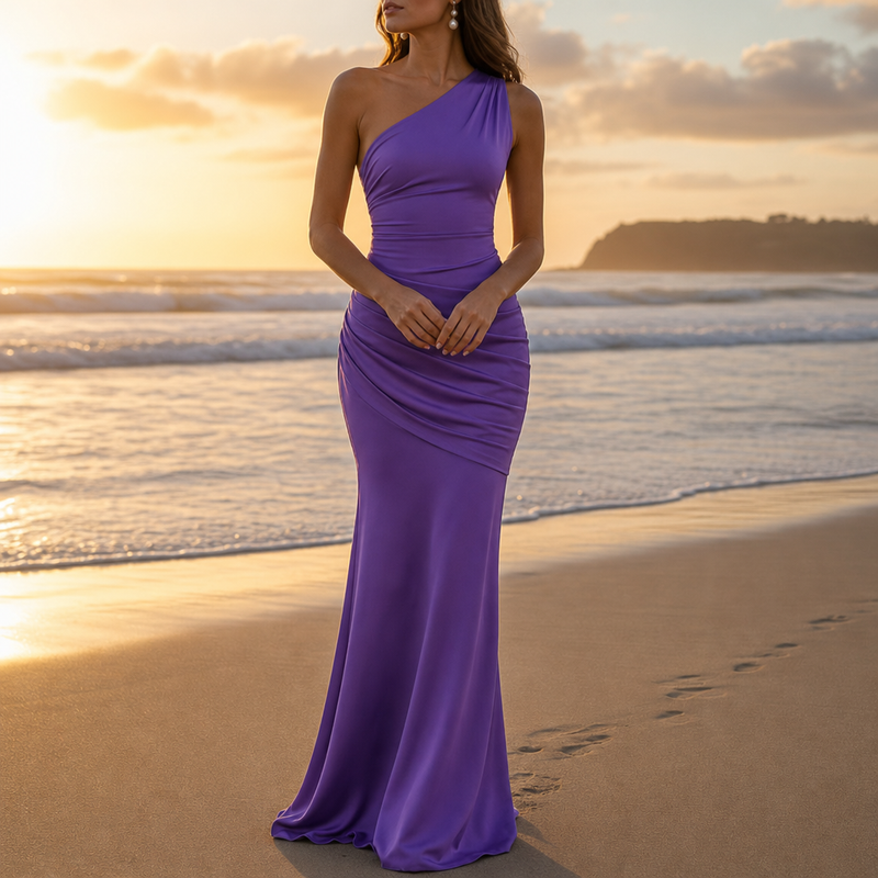 Delphi One Shoulder Satin Gown in Purple
