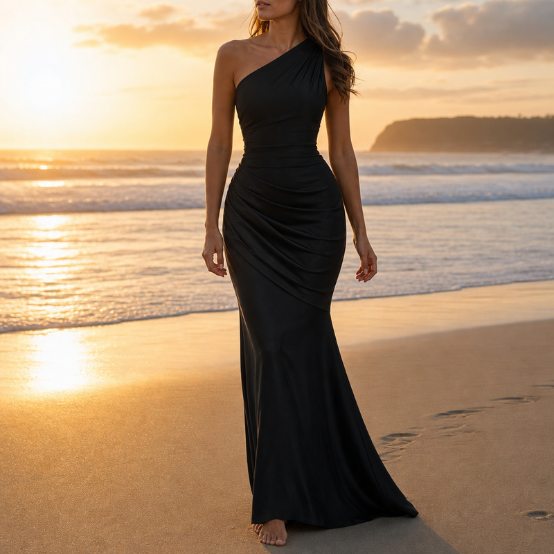 Delphi One Shoulder Satin Gown in Black