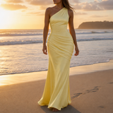 Delphi One Shoulder Satin Gown in Yellow