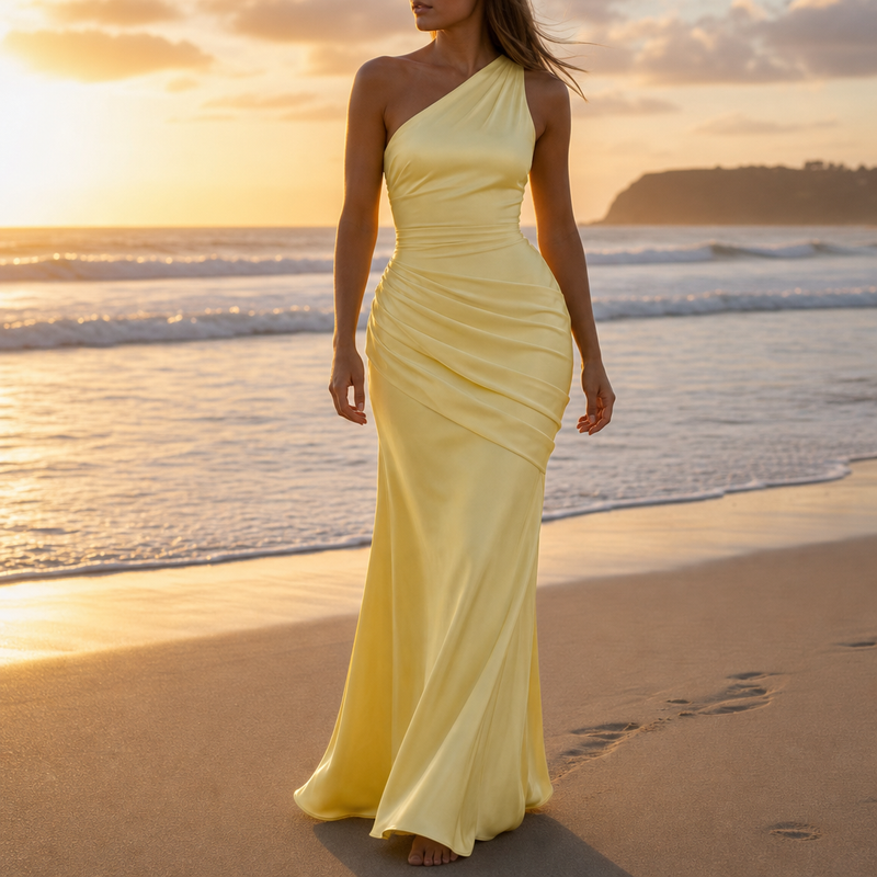 Delphi One Shoulder Satin Gown in Yellow