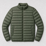 The Draftsman Men's Quilted Puffer Jacket in Moss Green, flat lay