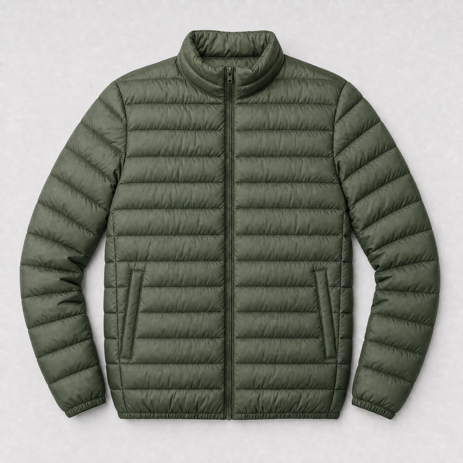 The Draftsman Men's Quilted Puffer Jacket in Moss Green, flat lay