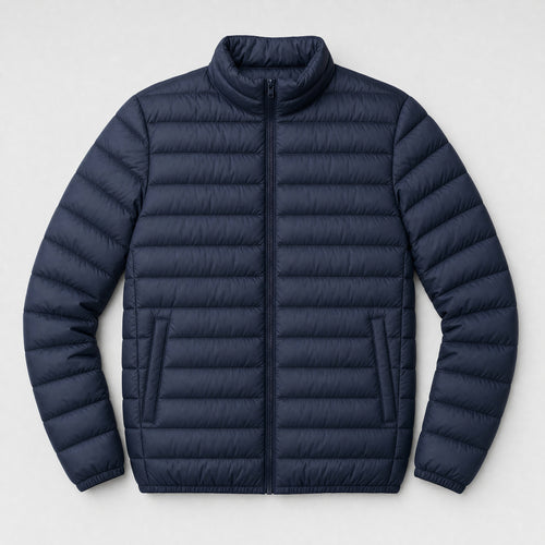 The Draftsman Men's Quilted Puffer Jacket in Ink Navy, flat lay