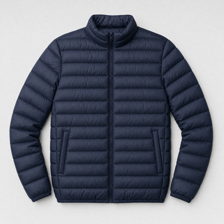 The Draftsman Men's Quilted Puffer Jacket in Ink Navy, flat lay