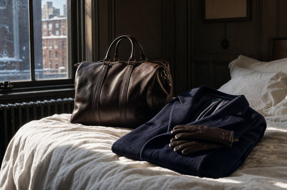 A weekender bag and a folded overcoat on a bed in morning window light
