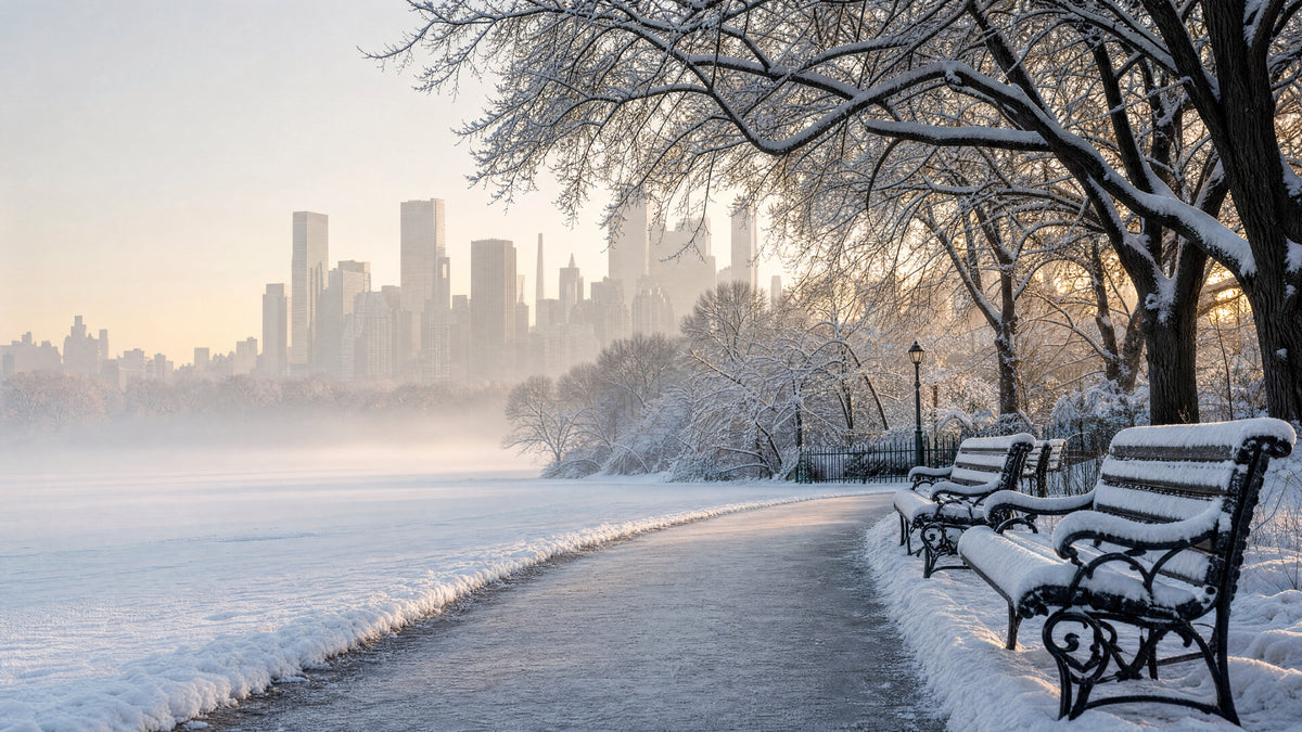 Snow-covered park path at dawn with empty benches and the Manhattan skyline soft in morning mist
