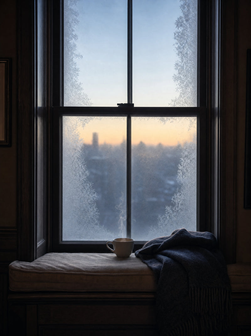 A window seat with coffee steam against a frosted pane
