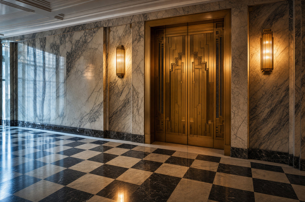 A prewar lobby with brass elevator doors and marble walls