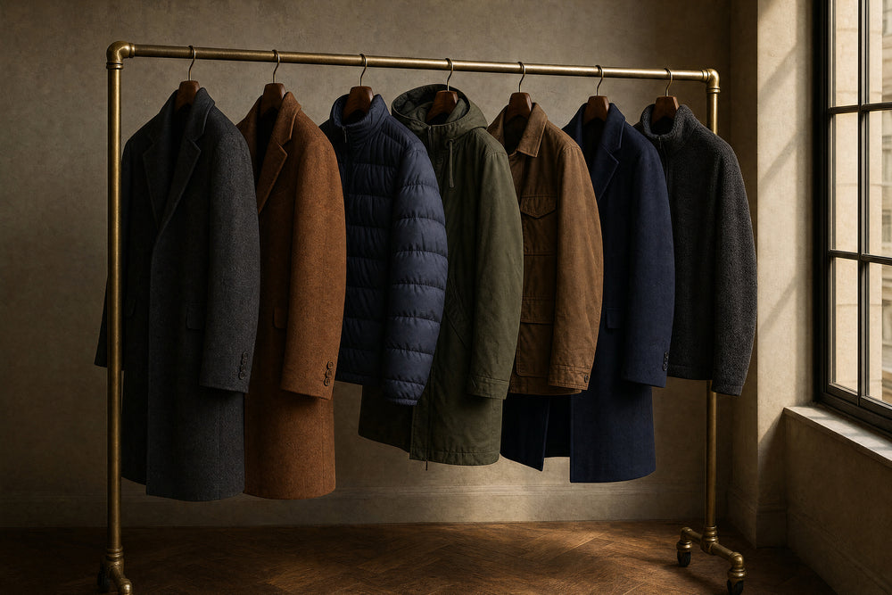 A rail of overcoats in a tailor room, lit from the window