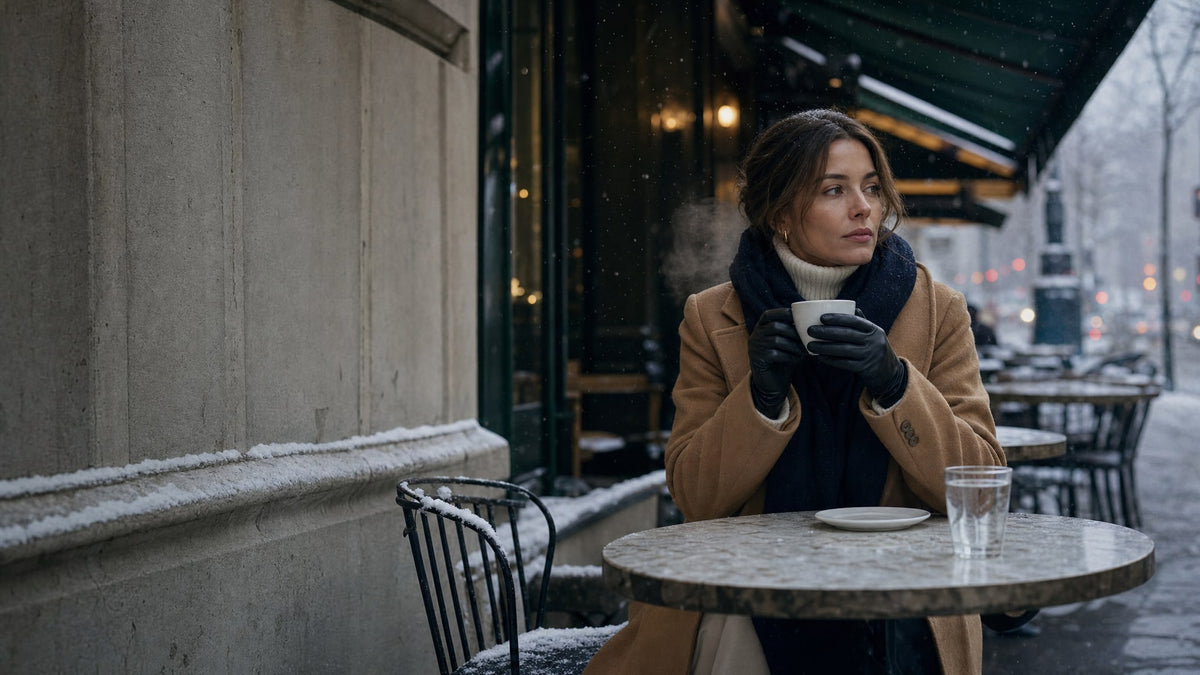 A woman in a camel coat and navy scarf holding a cup at a snowy sidewalk cafe table in New York