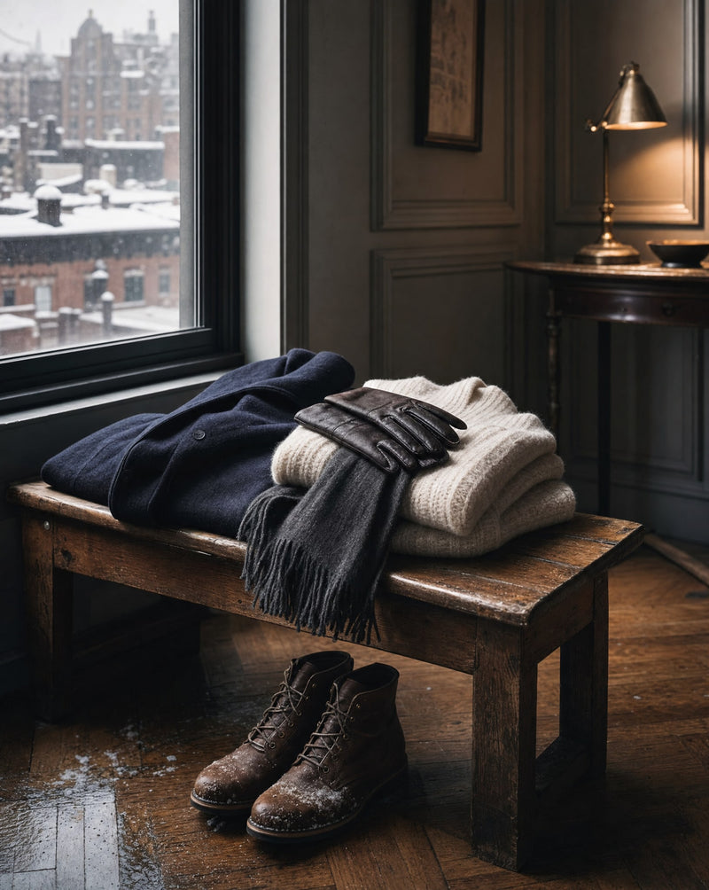 A navy coat, a cream knit sweater, a charcoal scarf and gloves on a bench by a window over snowy rooftops, with boots below