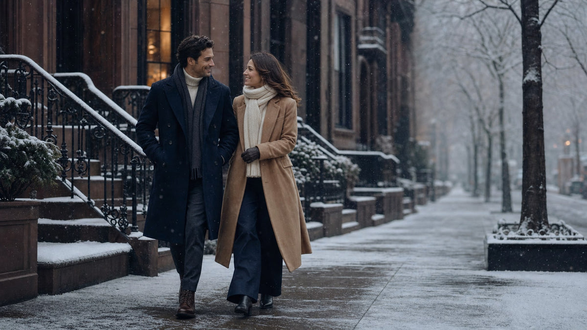 A couple walking arm in arm past snowy brownstone stoops in falling snow, in a navy coat and a camel coat with scarves