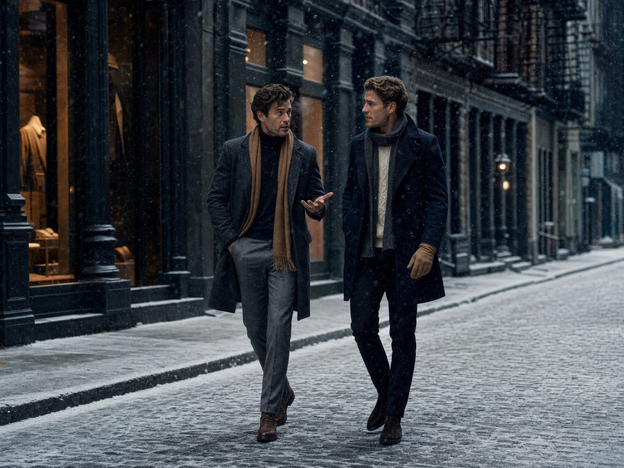 Two men walking down a snowy SoHo cobblestone street at dusk in dark overcoats and scarves