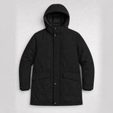 The Editor Men's Hooded Winter Parka in Jet Black, flat lay