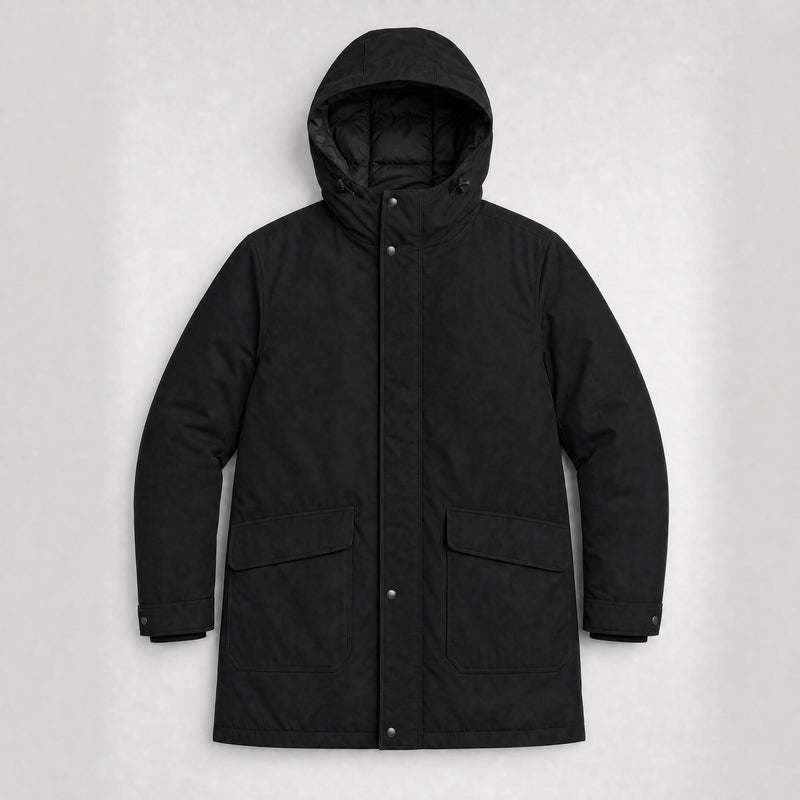 The Editor Men's Hooded Winter Parka in Jet Black, flat lay