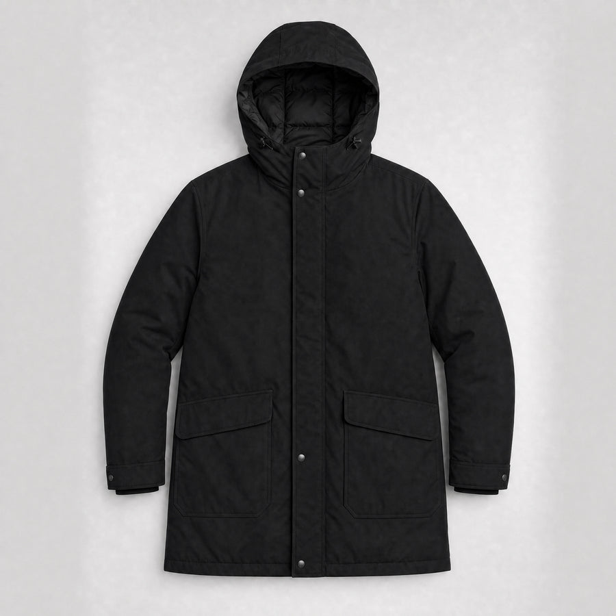 The Editor Men's Hooded Winter Parka in Jet Black, flat lay