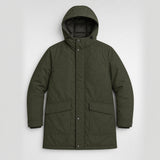 The Editor Men's Hooded Winter Parka in Dark Olive, flat lay