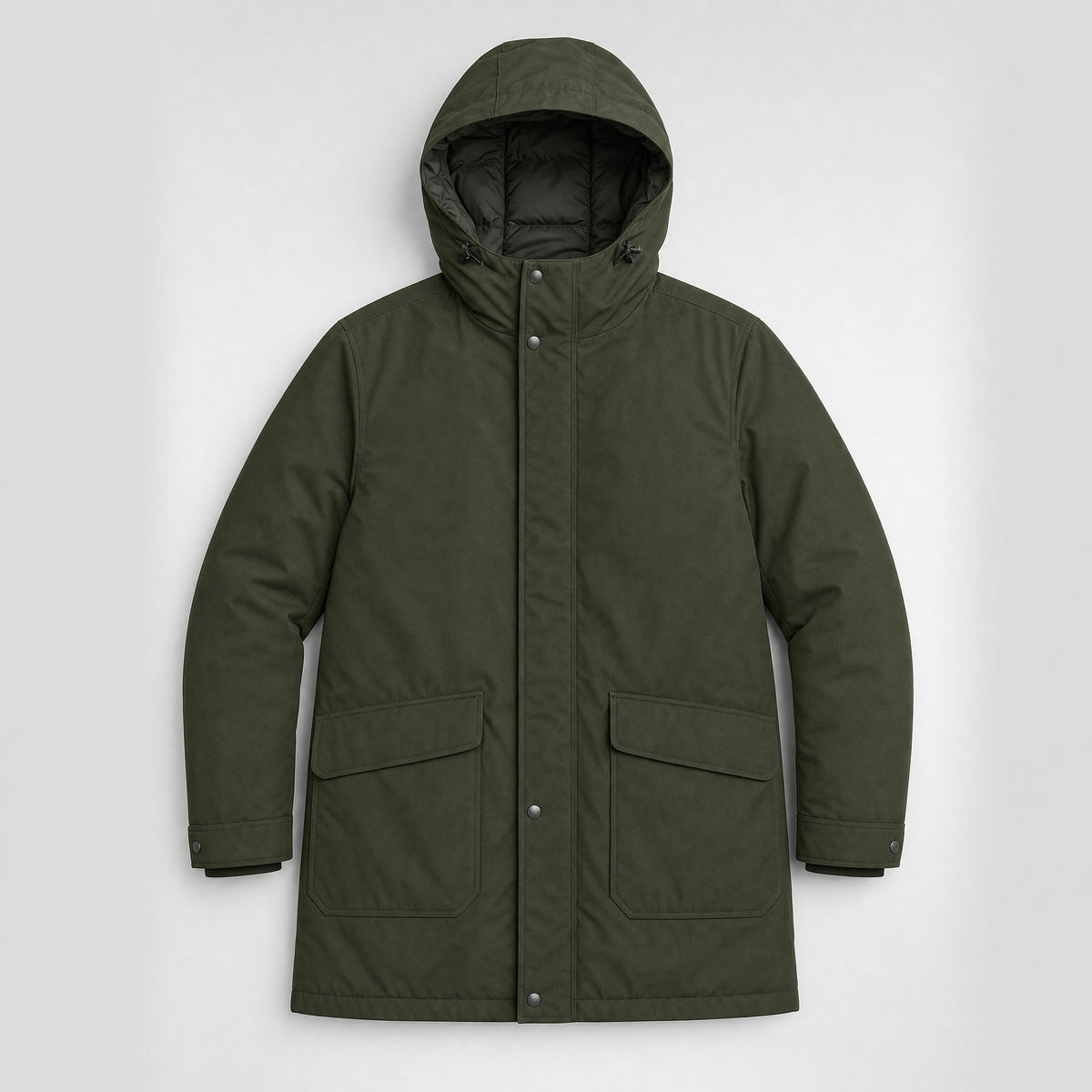 The Editor Men's Hooded Winter Parka in Dark Olive, flat lay