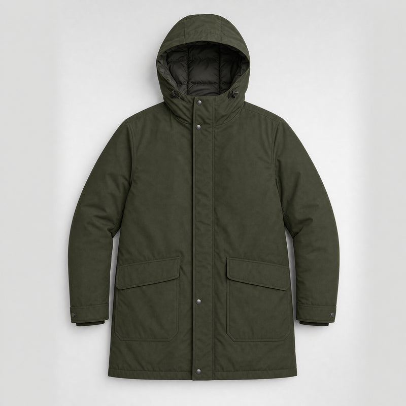 The Editor Men's Hooded Winter Parka in Dark Olive, flat lay