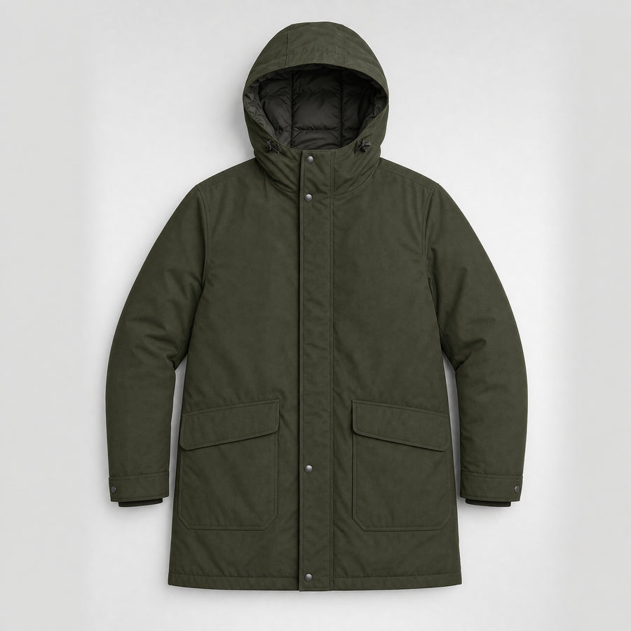 The Editor Men's Hooded Winter Parka in Dark Olive, flat lay