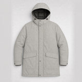 The Editor Men's Hooded Winter Parka in Stone Grey, flat lay