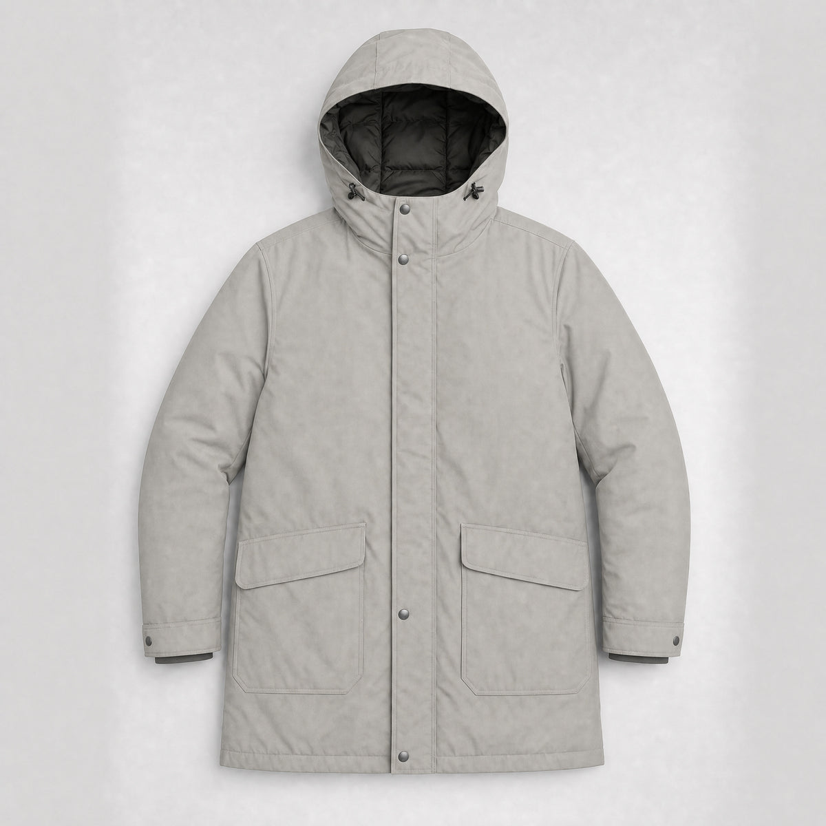 The Editor Men's Hooded Winter Parka in Stone Grey, flat lay