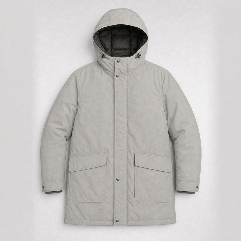 The Editor Men's Hooded Winter Parka in Stone Grey, flat lay