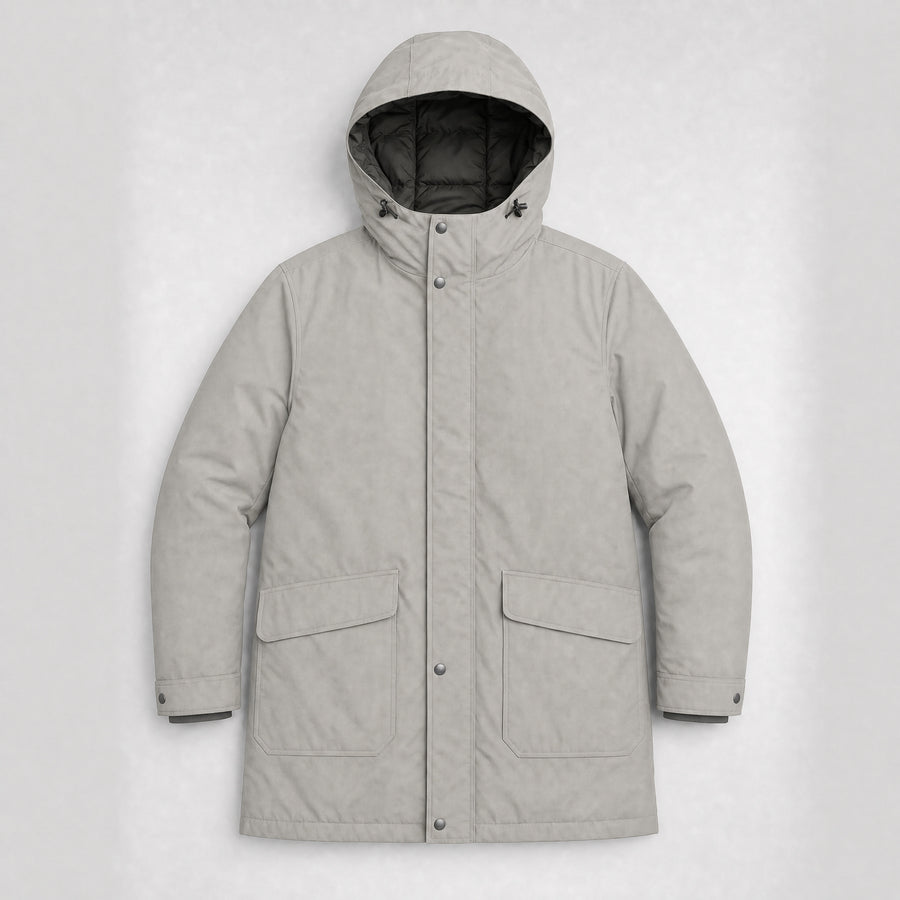 The Editor Men's Hooded Winter Parka in Stone Grey, flat lay
