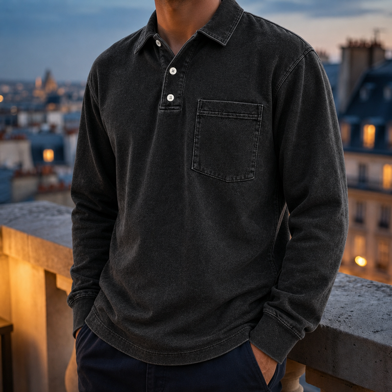 Estepona Vintage Washed Henley Sweatshirt in Black