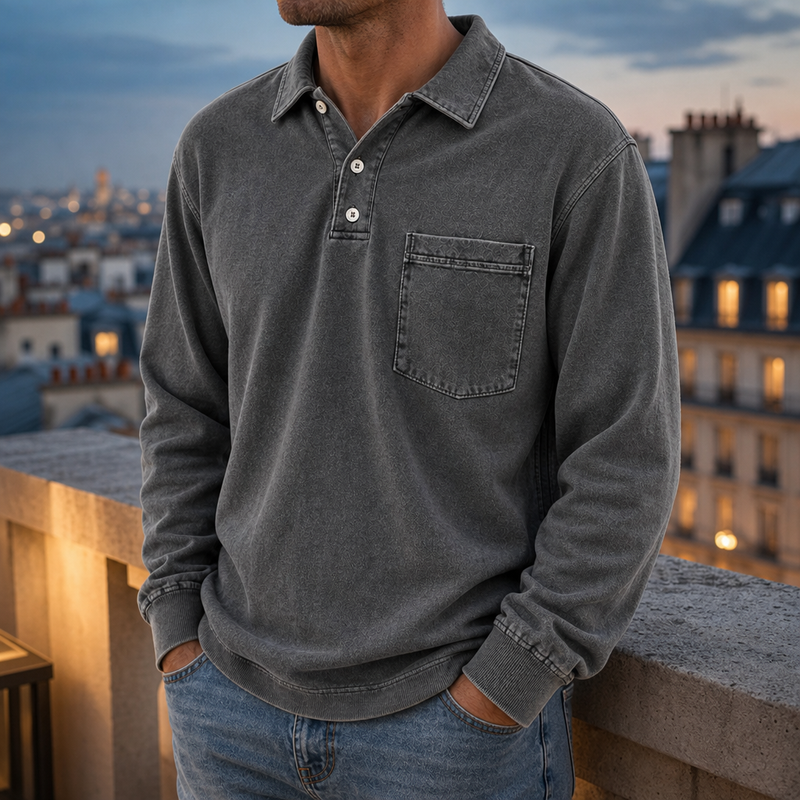 Estepona Vintage Washed Henley Sweatshirt in Dark Gray