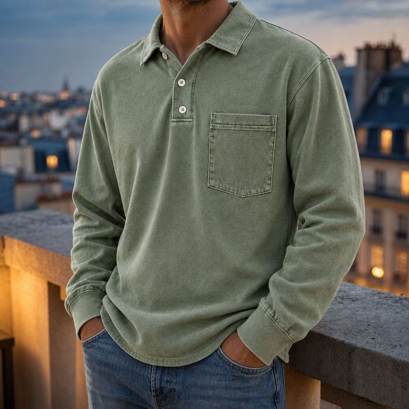 Estepona Vintage Washed Henley Sweatshirt in Sage Green