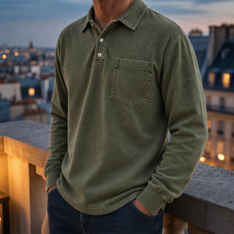 Estepona Vintage Washed Henley Sweatshirt in Olive Green