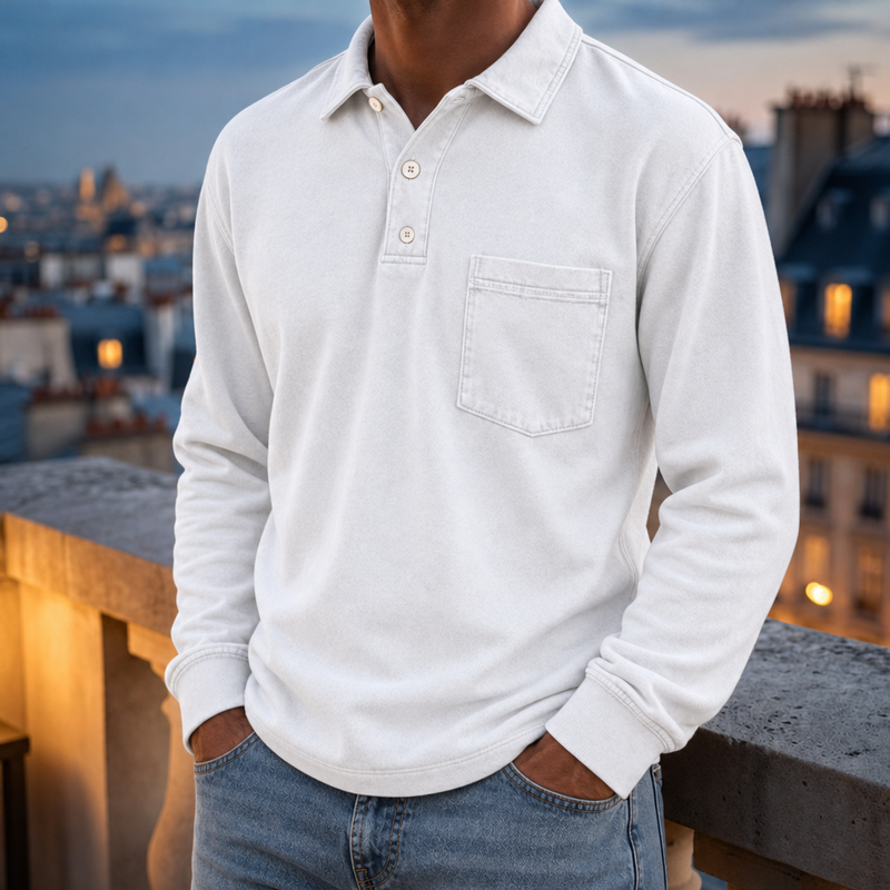 Estepona Vintage Washed Henley Sweatshirt in White